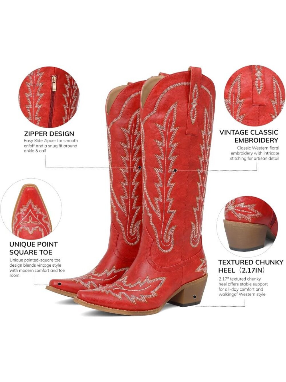 Women's Red Western Cowgirl Knee High Boots Pointed Toe Chunky Heel Leather - Picture 4 of 6